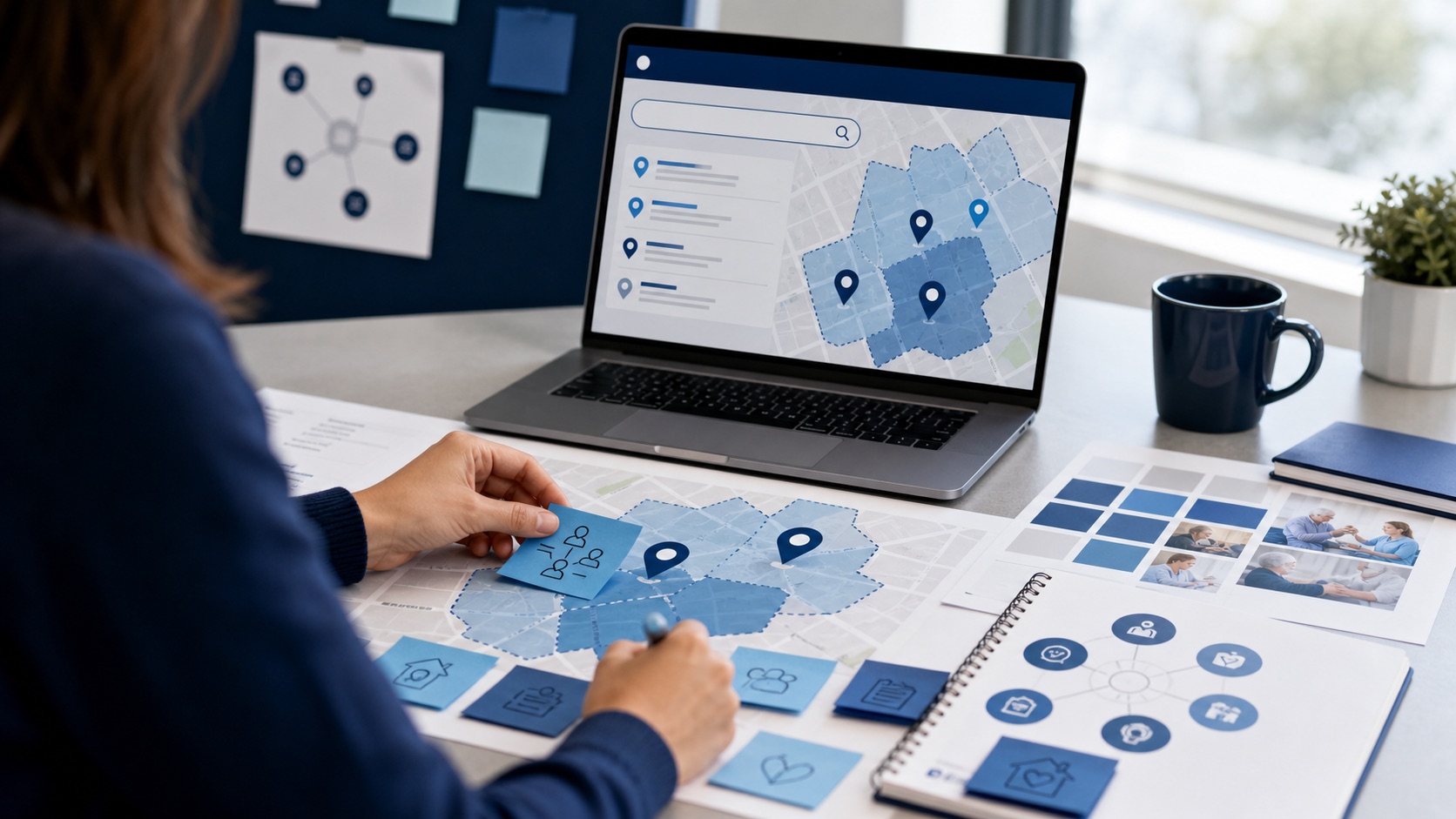 Local service-area SEO planning with map pins and visibility notes.